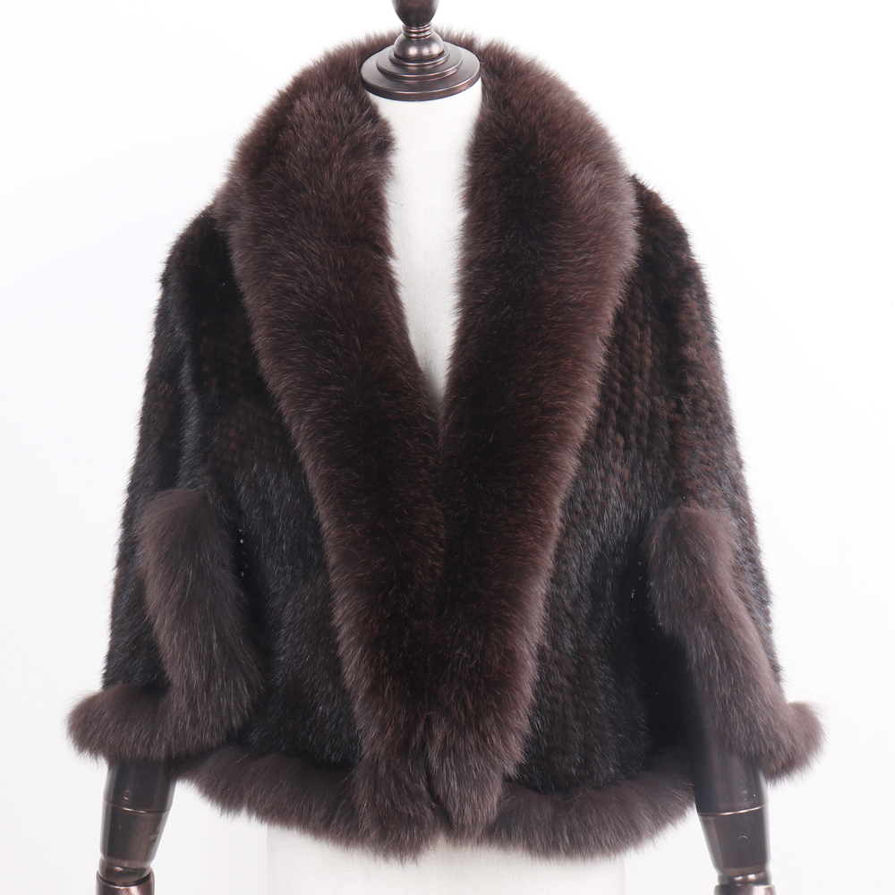 Nouveau véritable fourrure de vison naturelle Pashmina femmes mode tricoté écharpe de fourrure de vison dame vraie fourrure de vison et col de fourrure de renard Poncho châle