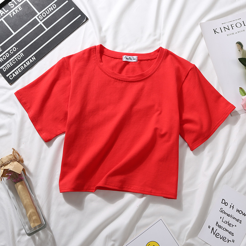 Été à manches courtes t-shirts femmes coton solide T-shirt col rond taille haute haut court T-shirt femme décontracté ample T-shirt
