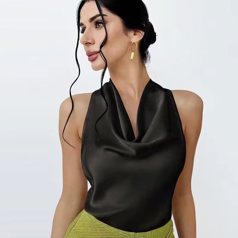 Haut court en satin pour femme, dos nu, style licou, épaules dénudées, débardeur sexy, camisole de plage