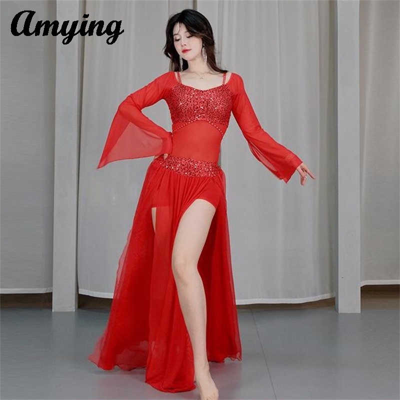 Ensemble de costumes de danse du ventre, nouvelle maille à paillettes, Costume de spectacle sur scène, jupe longue de danse orientale, vêtements d'entraînement pour la pratique de la danse