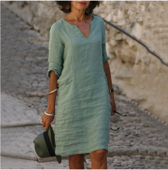Robe mini vintage unie pour femme, mode estivale, col en V, manches trois quarts, robe décontractée pour femme, tenue de vacances