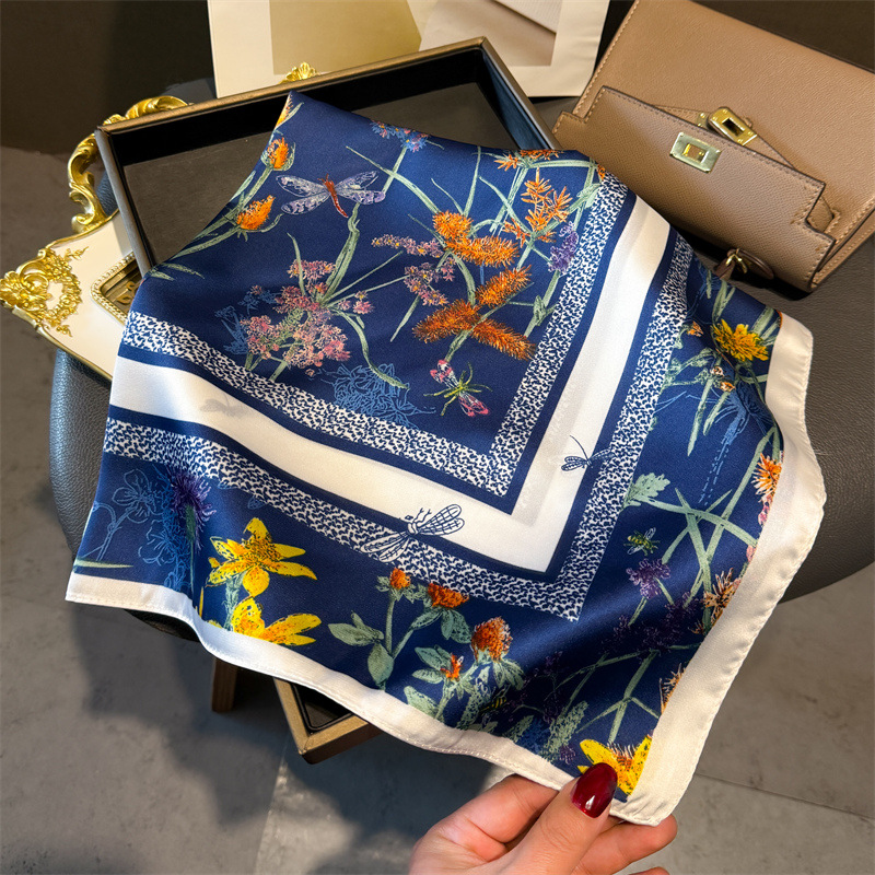 Écharpe carrée florale de luxe 70*70cm pour femmes, élégante, hijab, foulard, châle, en soie unie douce et résistante aux taches, pour les voyages