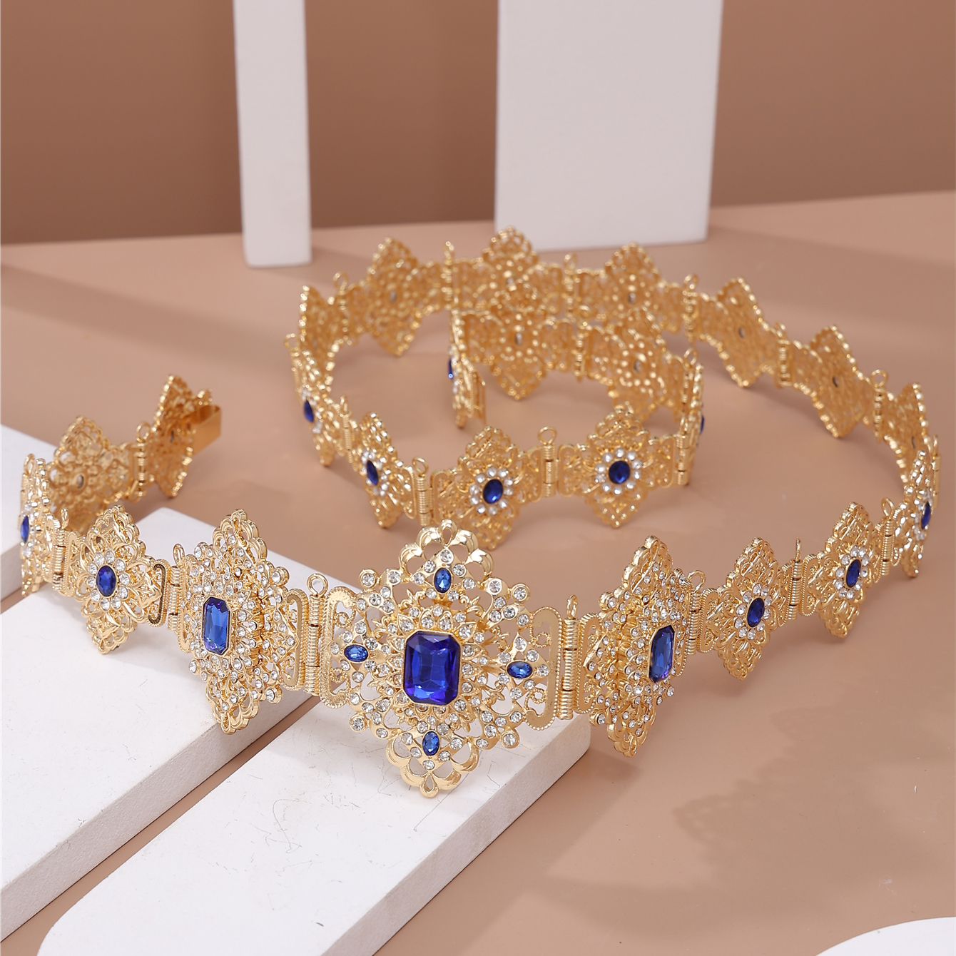 Bijoux de mariage marocain pour femmes, ceinture Caftan couleur or, cristal coloré, cadeau de mariée, longue longueur réglable, chaîne de taille