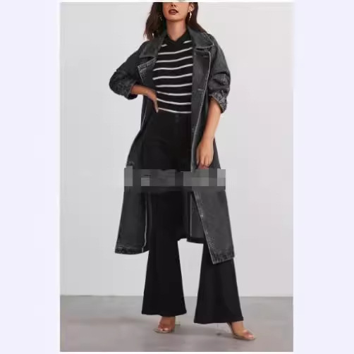 Veste longue délavée pour femme, coupe-vent en denim, poches, revers à lacets, double boutonnage, manteau décontracté, vêtements d'extérieur féminins, 2025