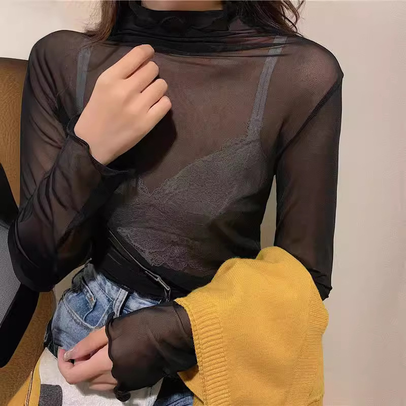 Chemise à Base en maille et dentelle pour femmes, manches longues, col haut, Protection solaire, vêtements intérieurs, couleur Pure, superposition supérieure à la mode