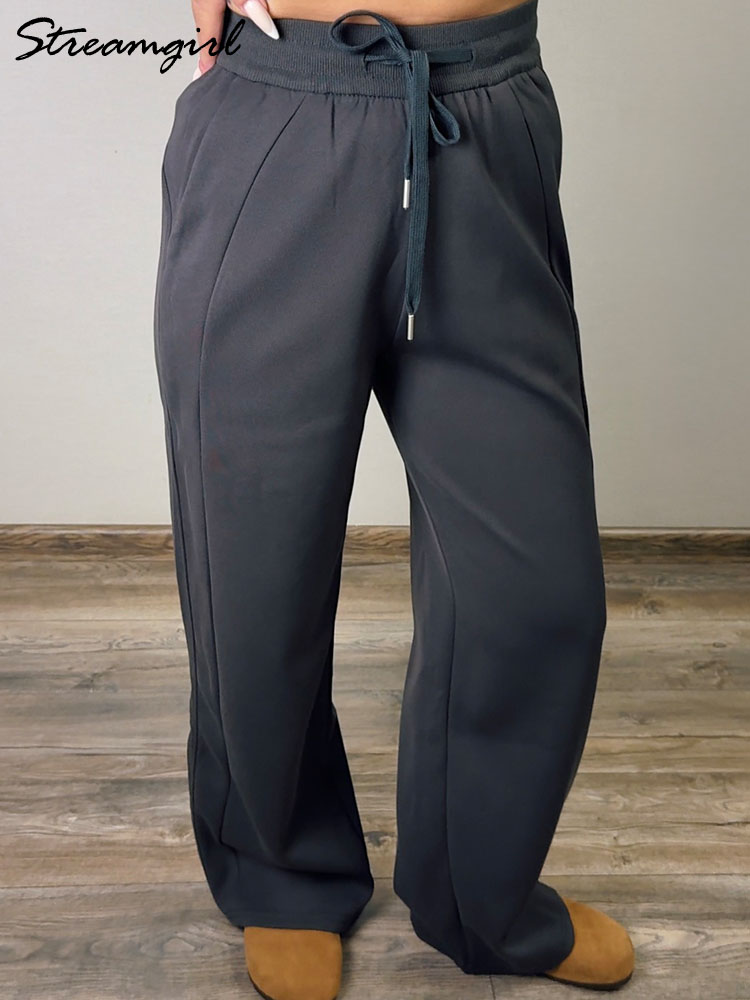 Pantalon de jogging gris pour femme, taille haute, coupe droite, jambe large, noir, automne, long, sport