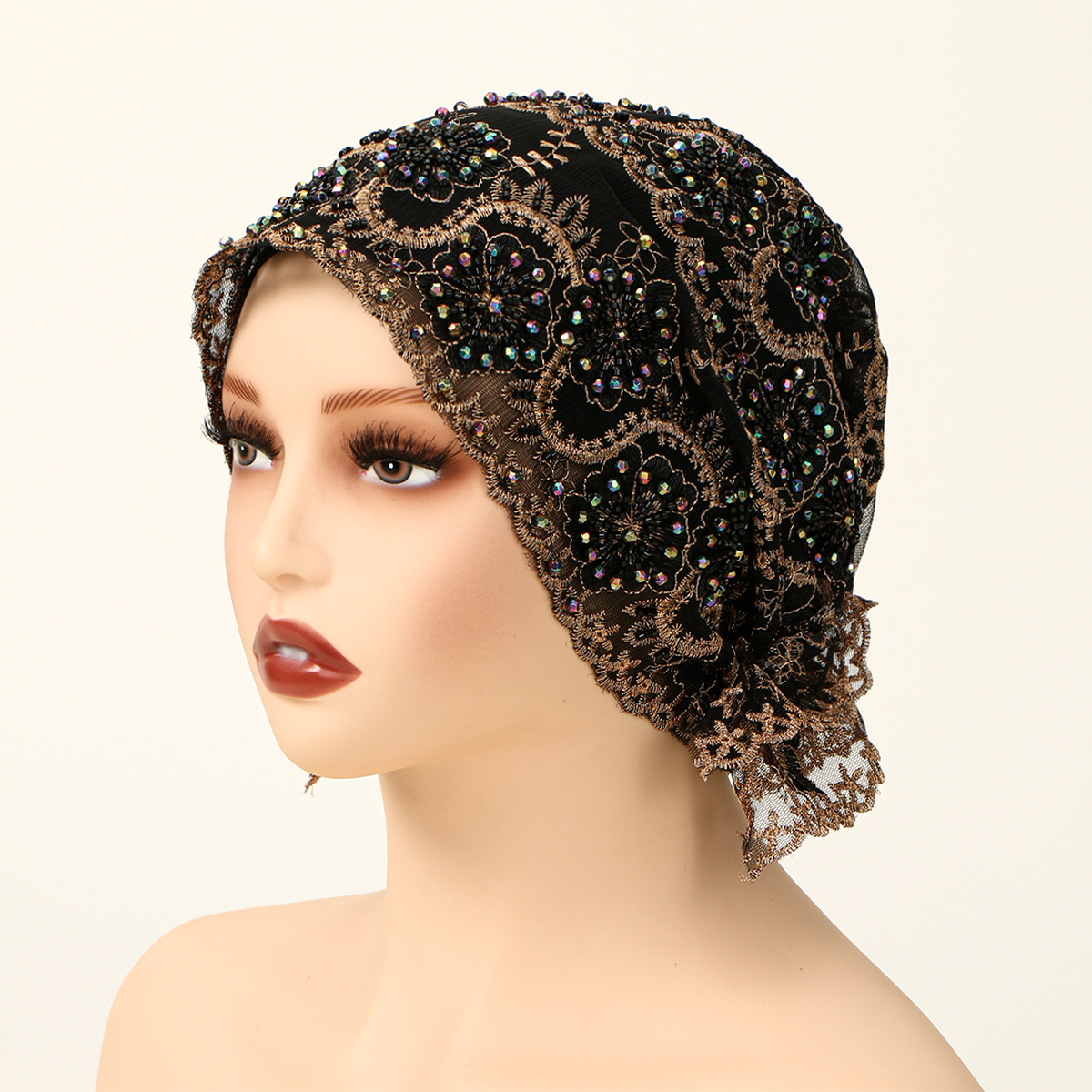 Casquette intérieure en dentelle de perles musulmanes de luxe, couvre-chef islamique élastique pour femmes, casquette de prière élégante, couvre-tête décoratif