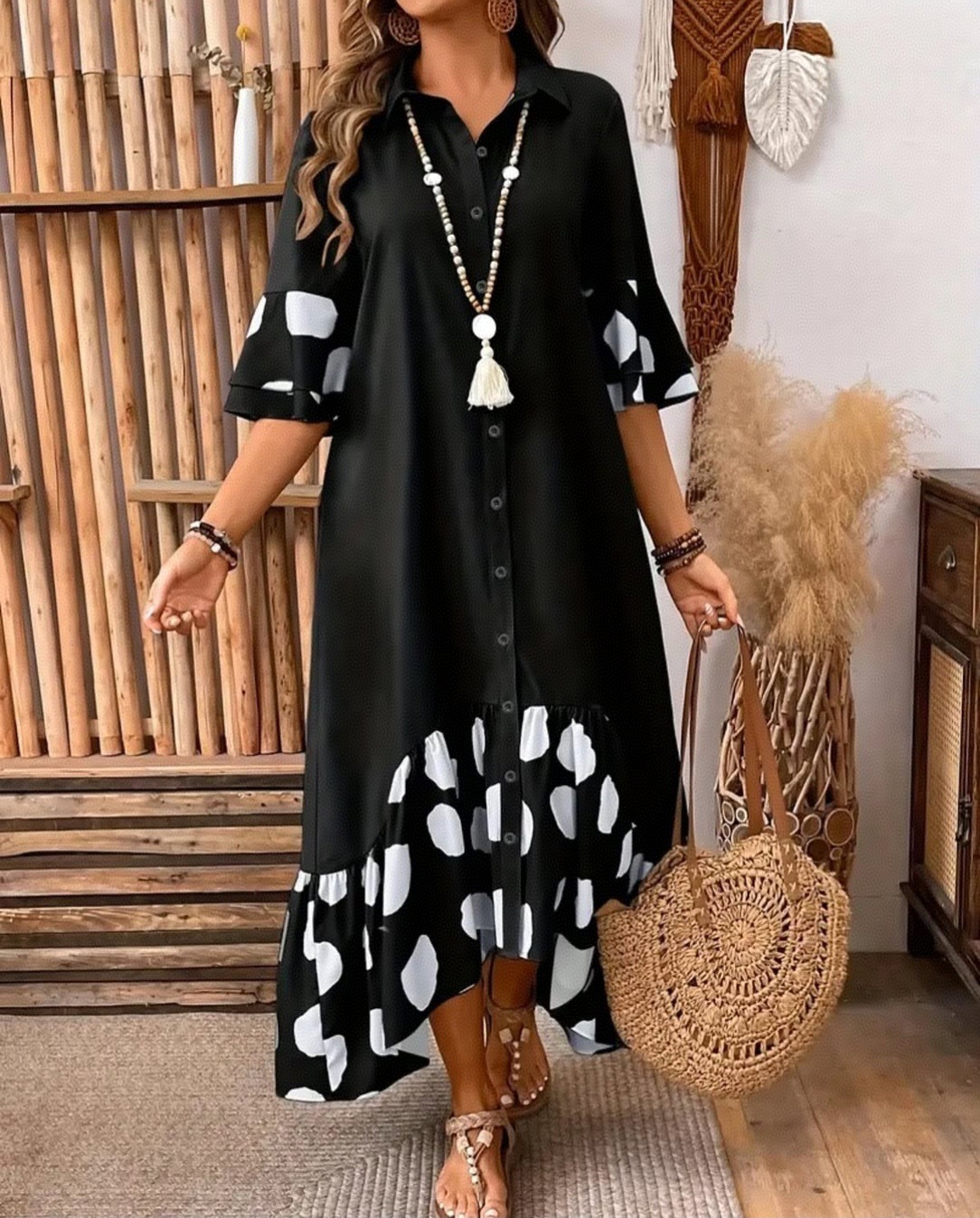 Robe imprimée à pois pour femmes, élégante, pour les déplacements, revers ample, simple boutonnage, manches évasées épissées ​ ​ robes à gros ourlet