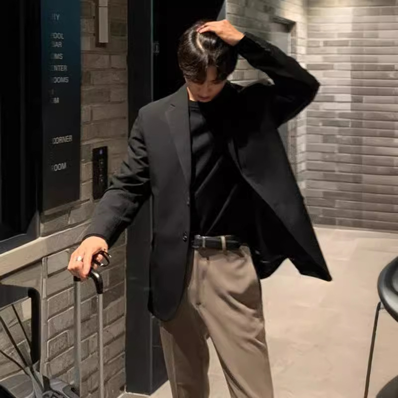 Blazer KIDWHXR pour homme, style coréen, couleur unie, col rabattu, veste décontractée ample à simple boutonnage, manches longues, manteau de costume pour homme