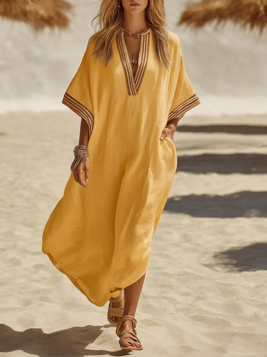 Robe kaftan bohème en lin, bordure rayée, col en V, manches chauve-souris, coupe ample avec poches, robe maxi décontractée et polyvalente pour les vacances