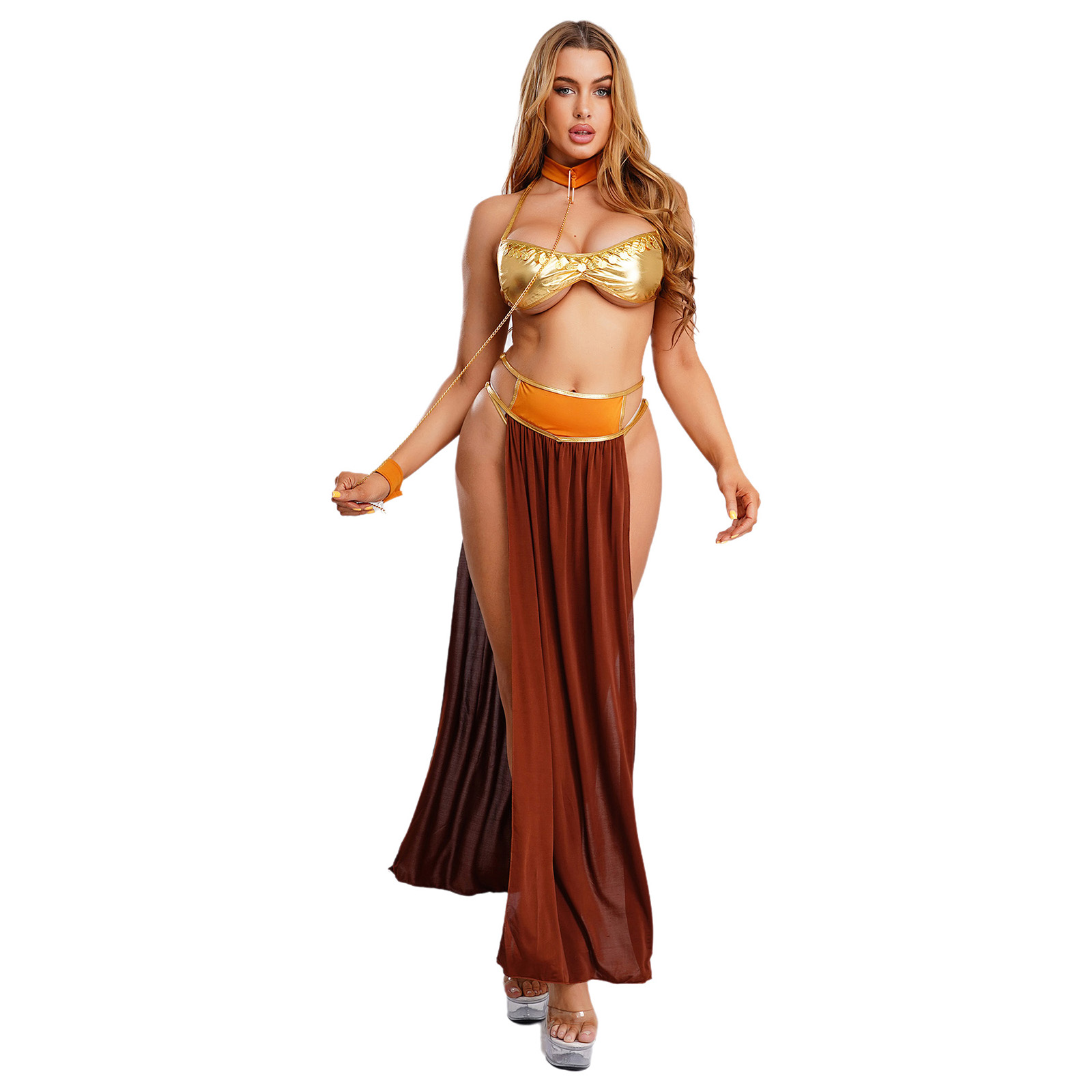 Jupe Maxi fendue sur le côté pour femmes, soutien-gorge métallique et string t-back, chaîne liée, ras du cou, bracelet, Costume de danse du ventre de princesse arabe