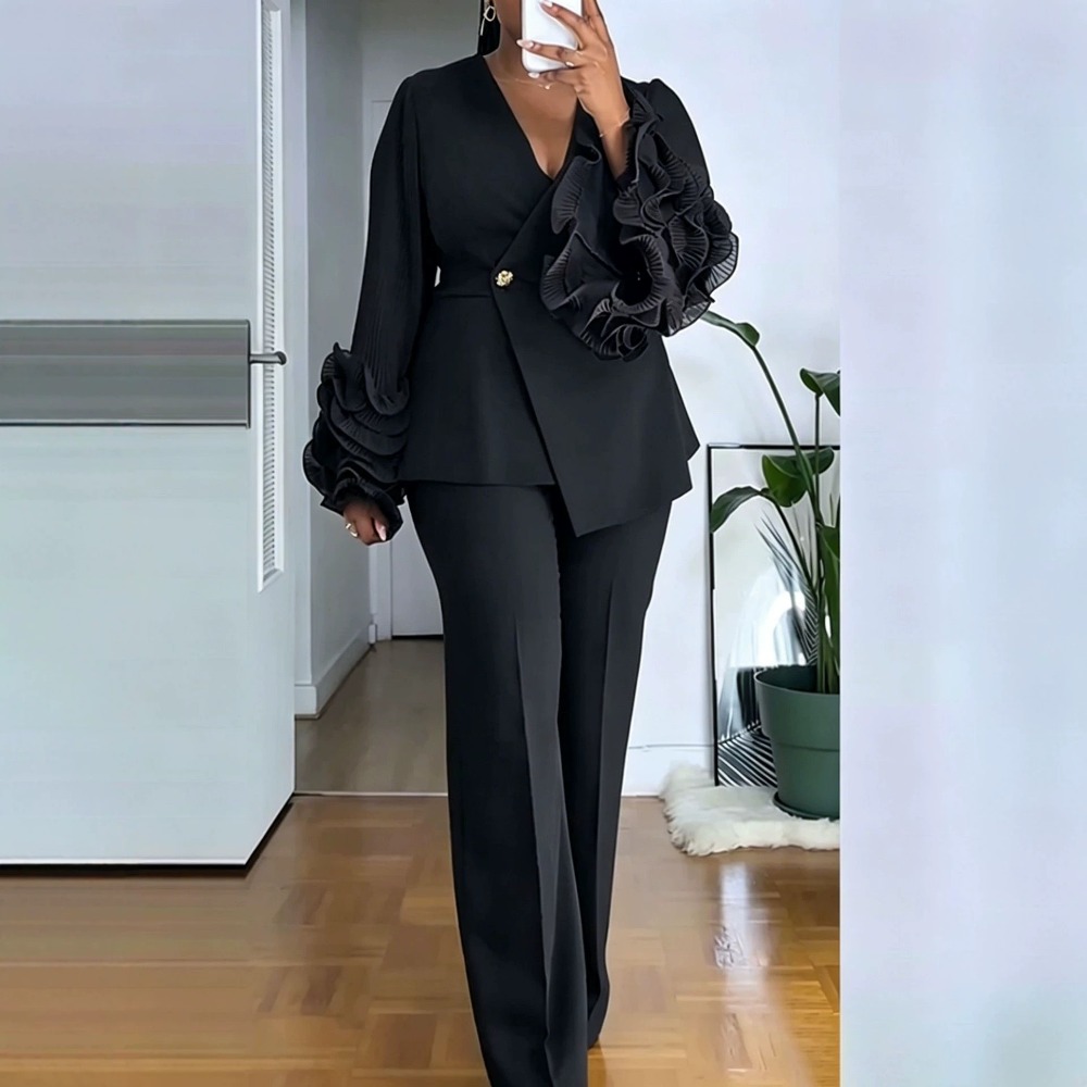 Costume pantalon 2 pièces pour femme, blazer à manches longues à volants en V profond, pantalon droit taille haute, ensemble de tenue de bureau élégante et formelle