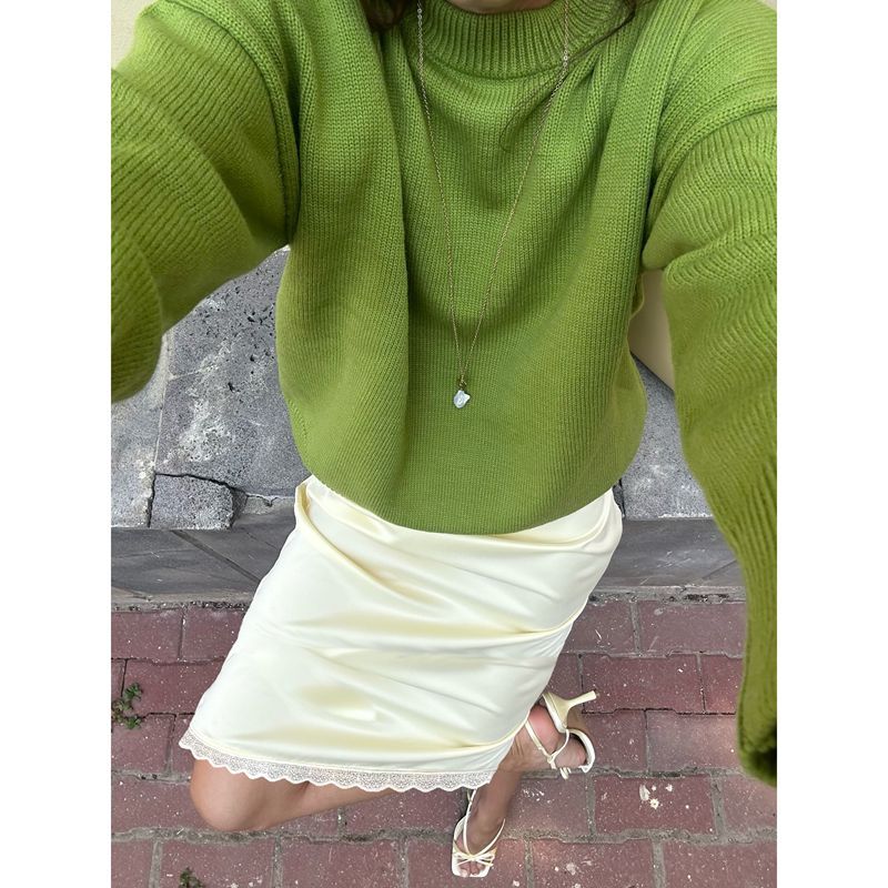 Jupes droites mi-longues en Satin de soie pour femmes, élégantes, Y2k, élastiques, taille basse, Vintage, garniture en dentelle florale, demi-slips