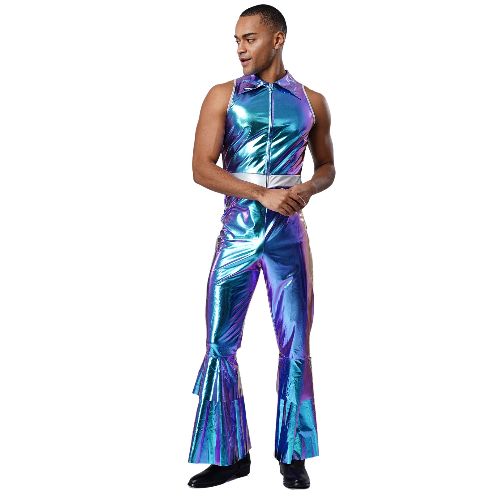 Tenues de danse Disco métalliques brillantes pour hommes, col à revers rétro des années 70, combinaison sans manches à jambes évasées, Costume Hippie pour Halloween