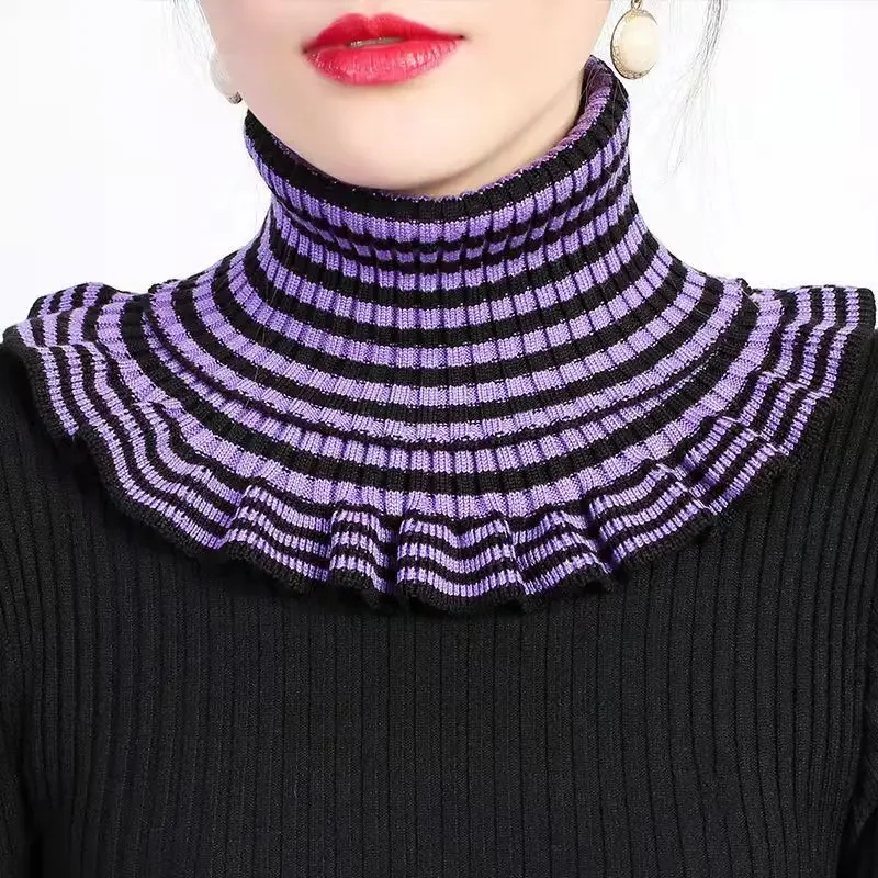 Pull rayé Joker coréen pour femme, épais, chaud, col élastique cervical, faux col, écharpe en laine, automne, hiver