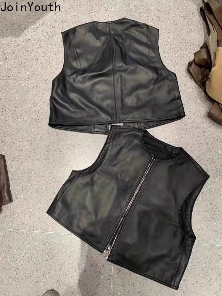 FibrglaCardigan-Gilet en cuir à col rond pour femmes, débardeurs en PU noir, haut court vintage, vêtements à la mode avec fermeture éclair, 2025