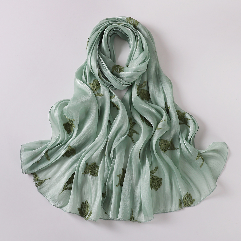 Hijab élégant à broderie florale, foulard islamique tendance pour femmes, hijab scintillant, léger, en tissu froissé uni