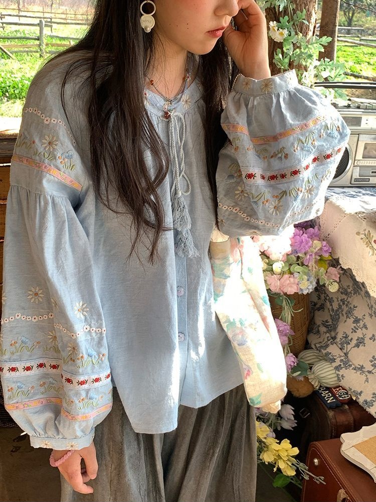Femmes nouveau printemps broderie florale Blouse Vintage décontracté à manches longues petit haut