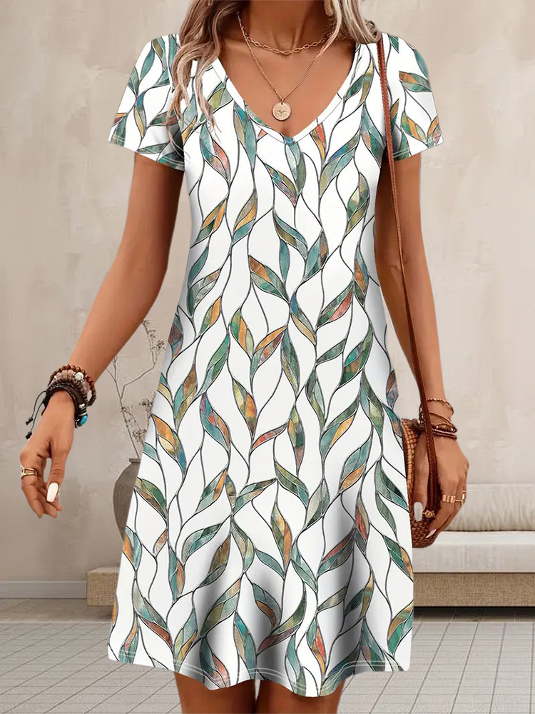 Robe courte imprimée décontractée pour femmes, élégante et rétro, col en v, manches courtes, droite, longueur aux genoux, été