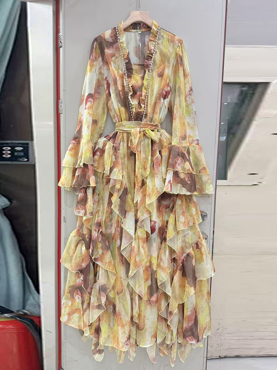 VGH – robe de soirée amincissante pour femmes, imprimé coloré, col en V, manches à volants, taille haute, Patchwork, robes à lacets, vêtements féminins