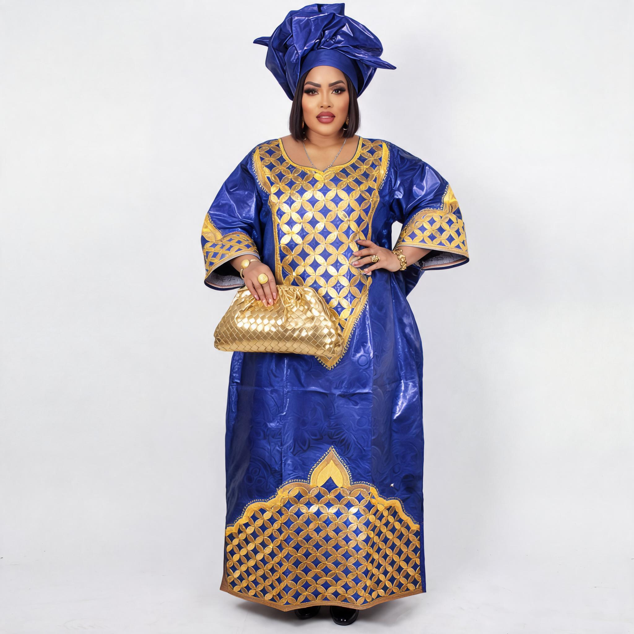 Robes africaines pour femmes, grandes tailles, en tissu Bazin Riche, avec broderies, robe longue et écharpe.