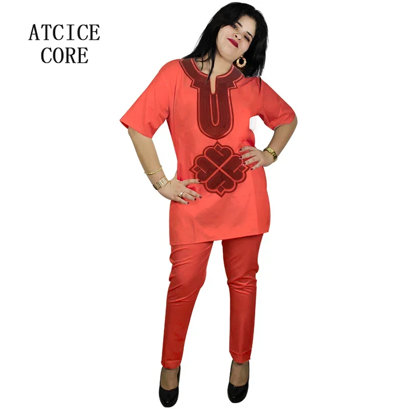 Robe Africaine en Tissu Souple pour Femme, Haut et Pantalon avec Design Brodé