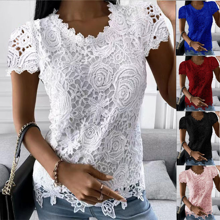 Mode femme T-shirt été nouvelles femmes chemise en dentelle à manches courtes haut Camiseta Mujer Manga Corta chemises et chemisiers