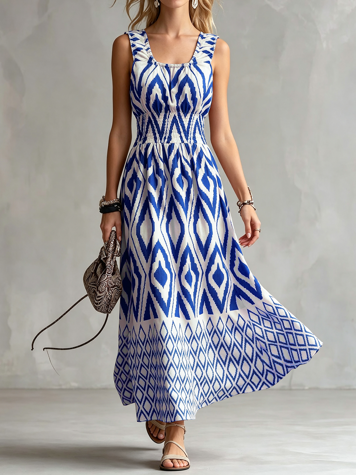 Robe midi décontractée pour femme, style vintage ethnique, motif Ikat, sans manches, col carré, buste smocké, à volants