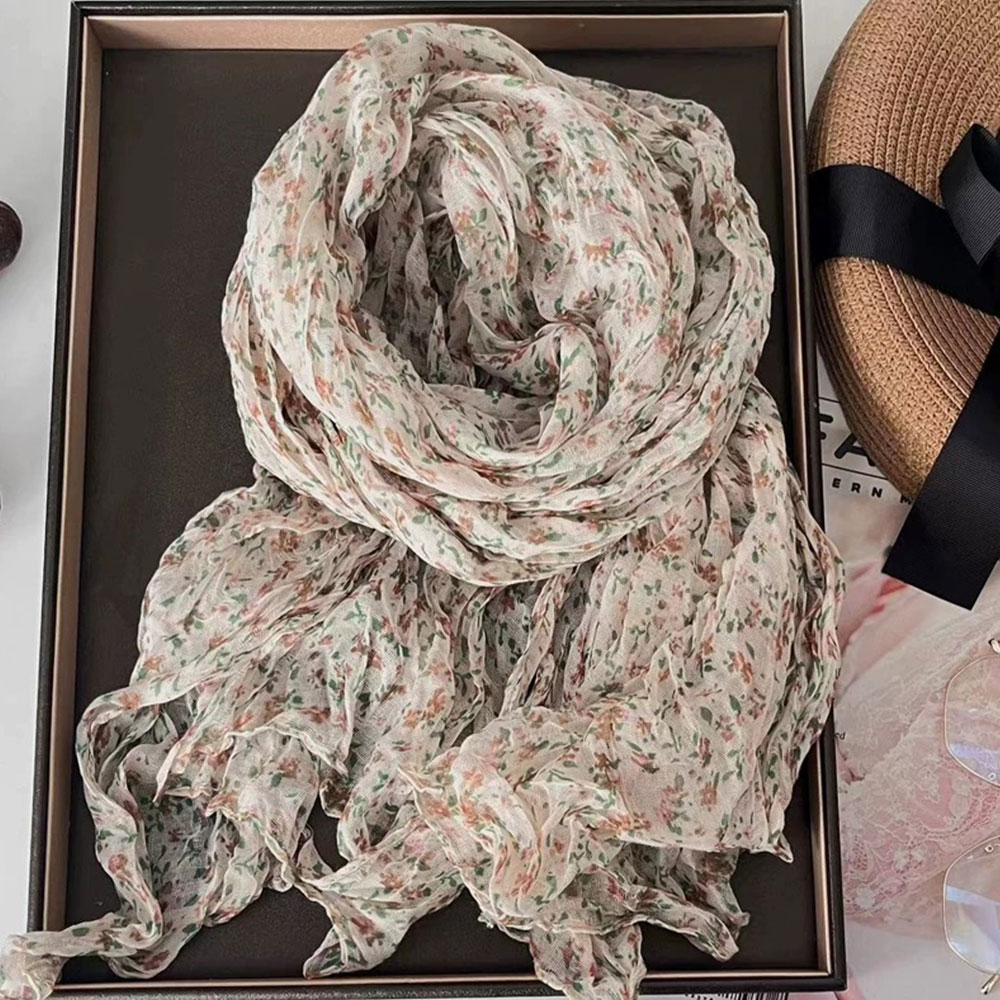 Écharpe florale en coton et lin, foulard quatre saisons, longue bande plissée, Hijab, décor élégant pour femmes, châle anti-rides naturel