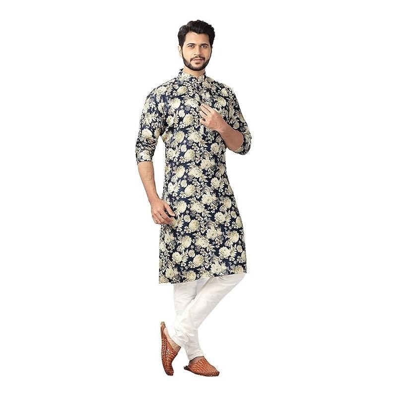 Luxe décontracté islamique arabe Abaya Robe style National imprimé ethnique col montant jeunesse mi-longue chemise manteau hommes musulmans Kurta