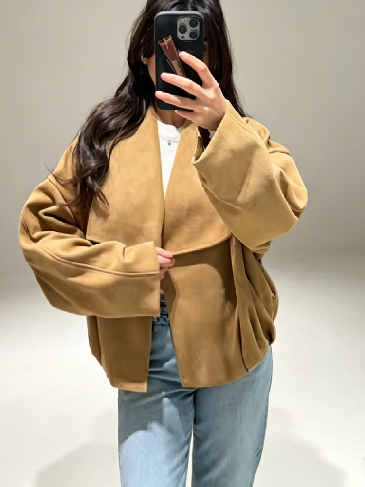 Manteau court décontracté ouvert sur le devant pour femme, col à revers, manches à revers larges, sans bouton, veste oversize chic pour le bureau ou la rue
