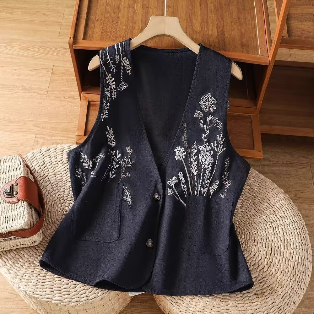 Gilet brodé pour femmes en coton et lin, veste sans manches d'été