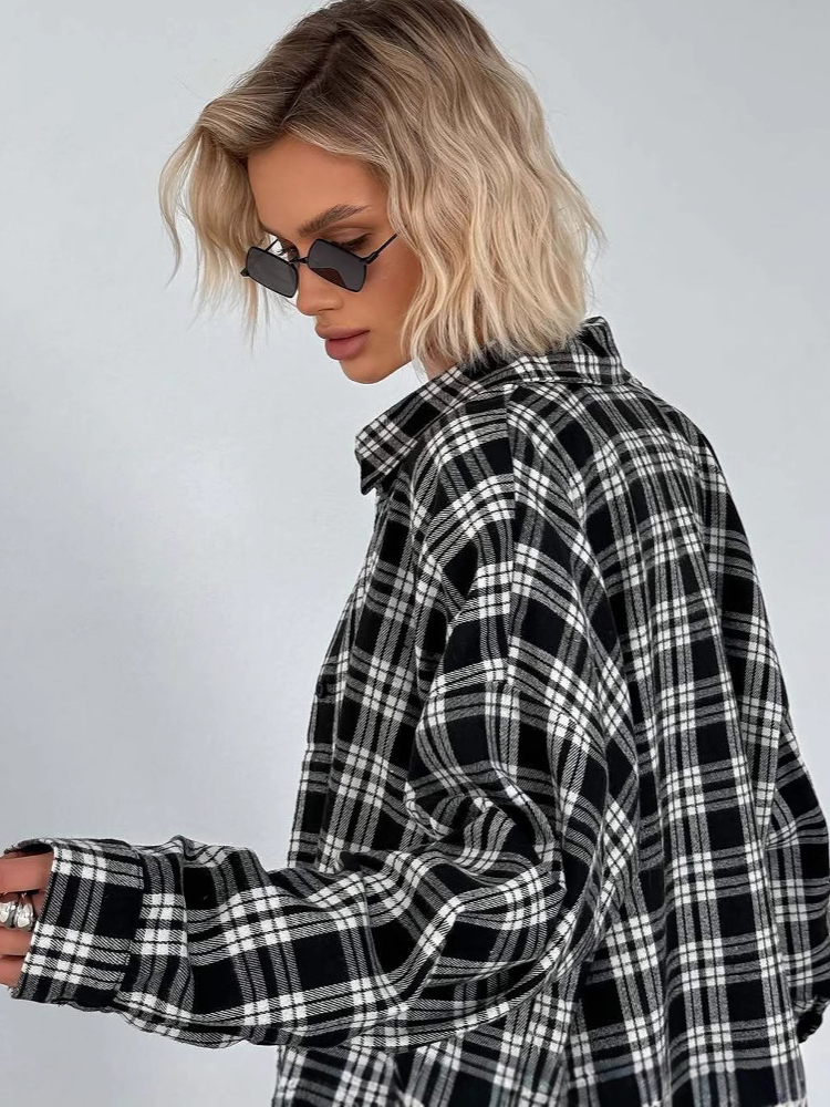 Chemise à carreaux vintage pour femmes, haut à manches longues, vêtement d'extérieur printemps-automne, chemise décontractée à simple boutonnage, chemisier ample en coton 2027