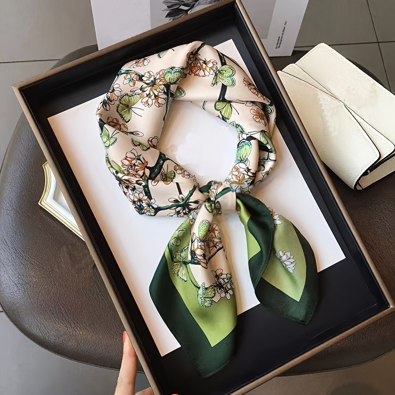 Foulard carré de luxe imprimé plante verte papillon, Style élégant, foulard fin et soyeux, foulard de protection solaire pour l'extérieur, printemps et été