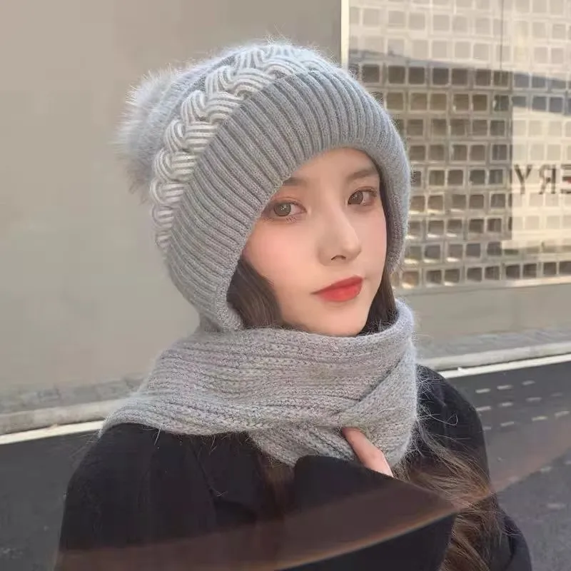 Bonnet et écharpe tout-en-un pour femme, bonnet rembourré pour le cou, protection des oreilles, cheveux de lapin chauds, mignon, résistant au froid, cyclisme, hiver