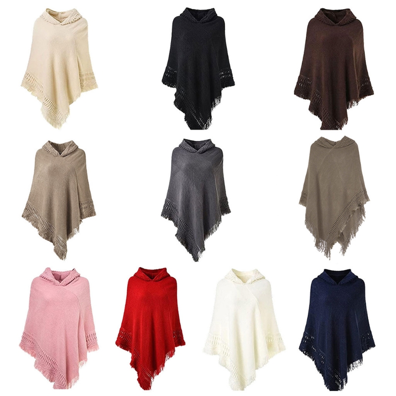 Poncho à capuche en tricot pour en Crochet, franges, châle, pull portefeuille, hiver, L21E