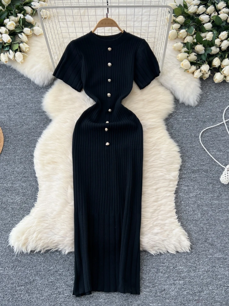 Robe moulante tricotée pour femmes, col rond, simple boutonnage, manches courtes, Slim, Style français, robes longues pour dames, printemps automne