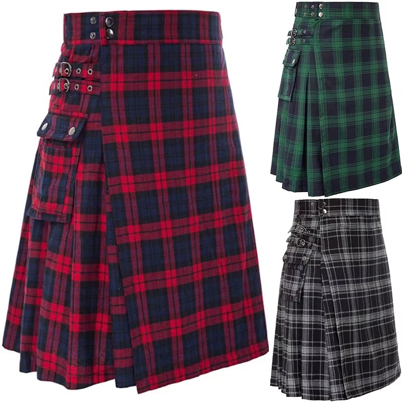 Kilt écossais traditionnel pour homme, kilt utilitaire écossais uni plissé avec boucles et poches cargo, kilt de costume de cosplay