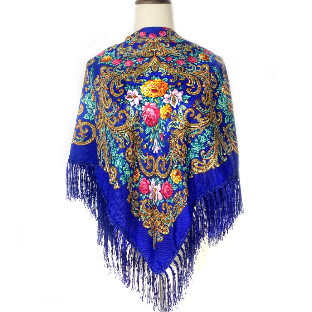 115*115 cm femmes russe écharpe de luxe imprimé fleuri carré Bandana ukrainien à franges châle Babushka mouchoir bandeau