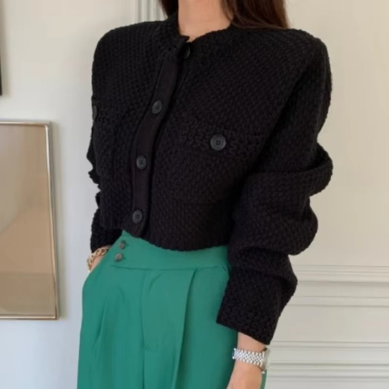 Cardigan court avec poches pour femme, mode coréenne, tricoté, col rond, manches longues, Simple, couleur unie, pull, livraison directe