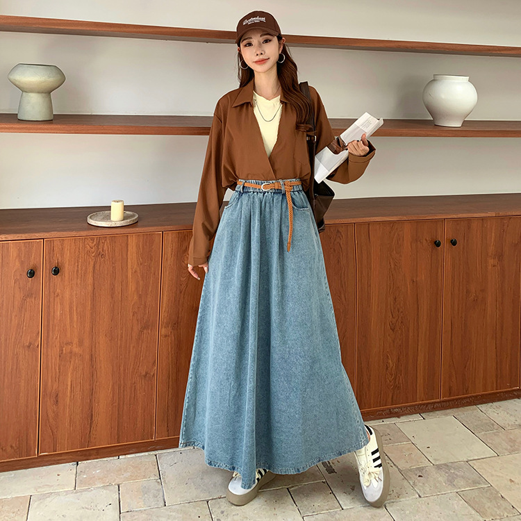 Jupe longue évasée en jean délavé style rétro pour femme, taille élastique, printemps-automne