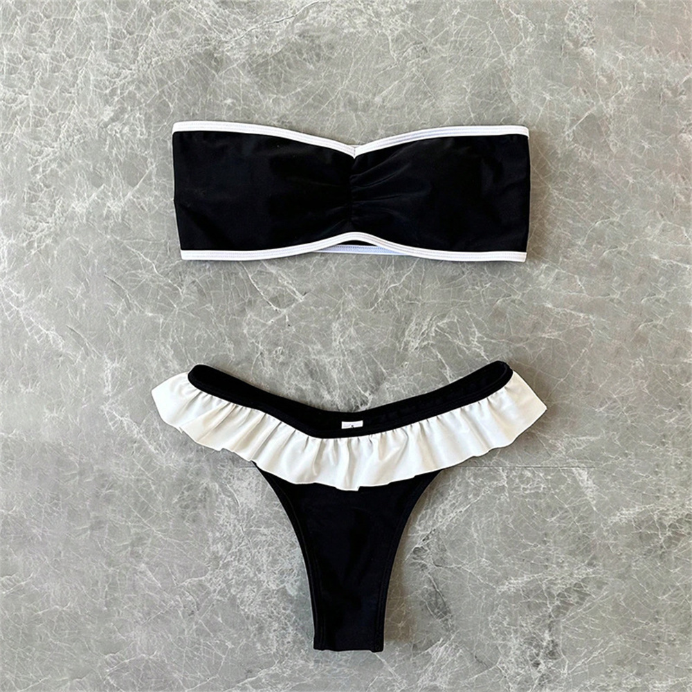 Maillot de bain Bandeau noir Bikinis ensembles blanc bordure à volants maillot de bain Bikini string femmes plage maillot de bain Biquini Feminino