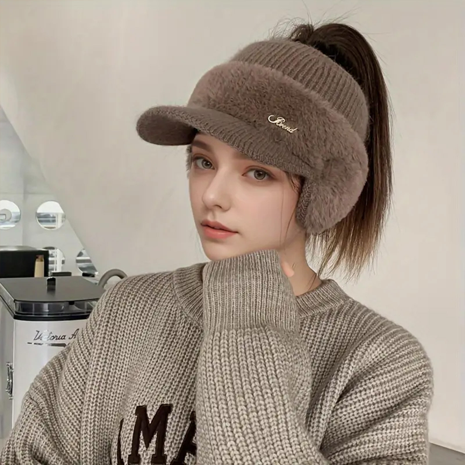 Chapeau d'hiver pour femmes, nouvelle mode, chaud, aile d'oreille, casquette tricotée, casquette de Baseball, Sports de plein air, coupe-vent, queue de cheval, visière