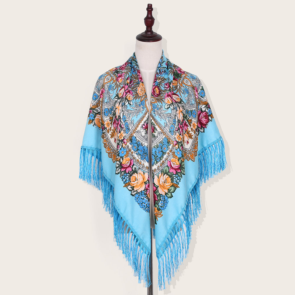 Foulard de Luxe à Imprimé Floral pour Femme, Style Ethnique Russe, Carré, Châle à Franges, Bandana, 135x135cm