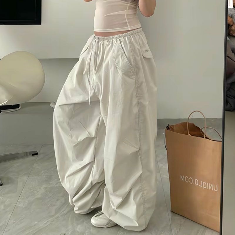 Deeptown Beige surdimensionné femmes Parachute pantalon basique jambe large Jogging mode coréenne Cargo pantalons de survêtement Baggy Hip Hop décontracté nouveau