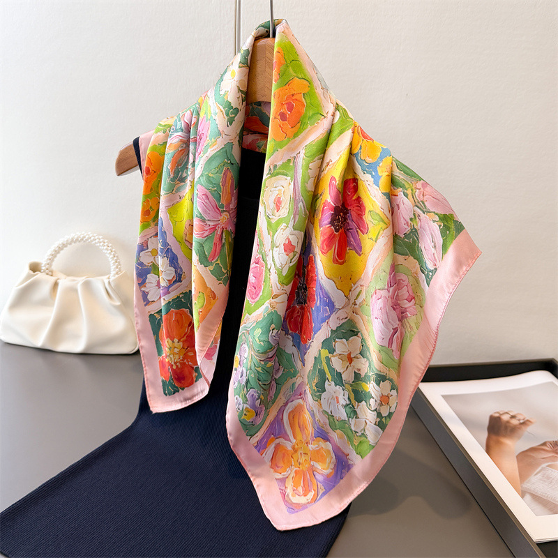 Écharpe carrée florale de luxe pour femmes, élégante, hijab, foulard, châle, en soie imitation douce et résistante aux taches, pour les voyages