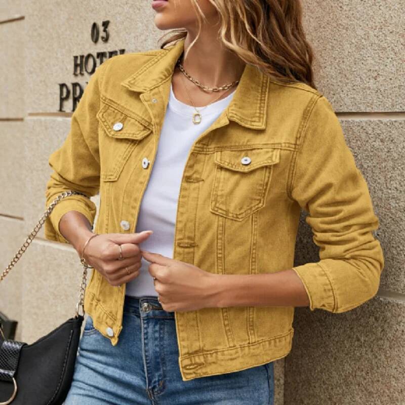 Veste en Jean pour femmes 2025 couleur unie noir bleu jaune rose rouge décontracté à manches longues boutonné poche poitrine Jean veste dame