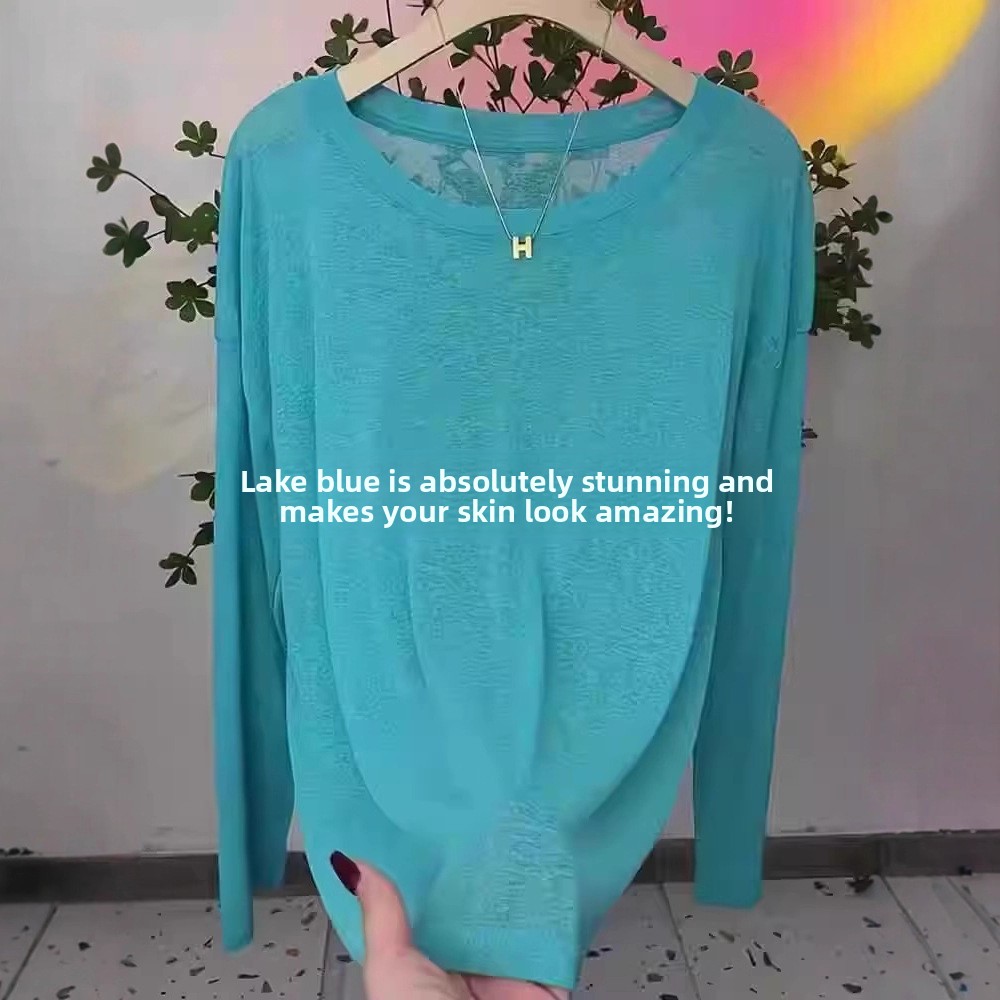 T-shirt ample à manches longues en soie glacée bleue, nouveau style d'été, vêtement de voyage, chemise de protection solaire, t-shirt amincissant coupe trapèze pour femme