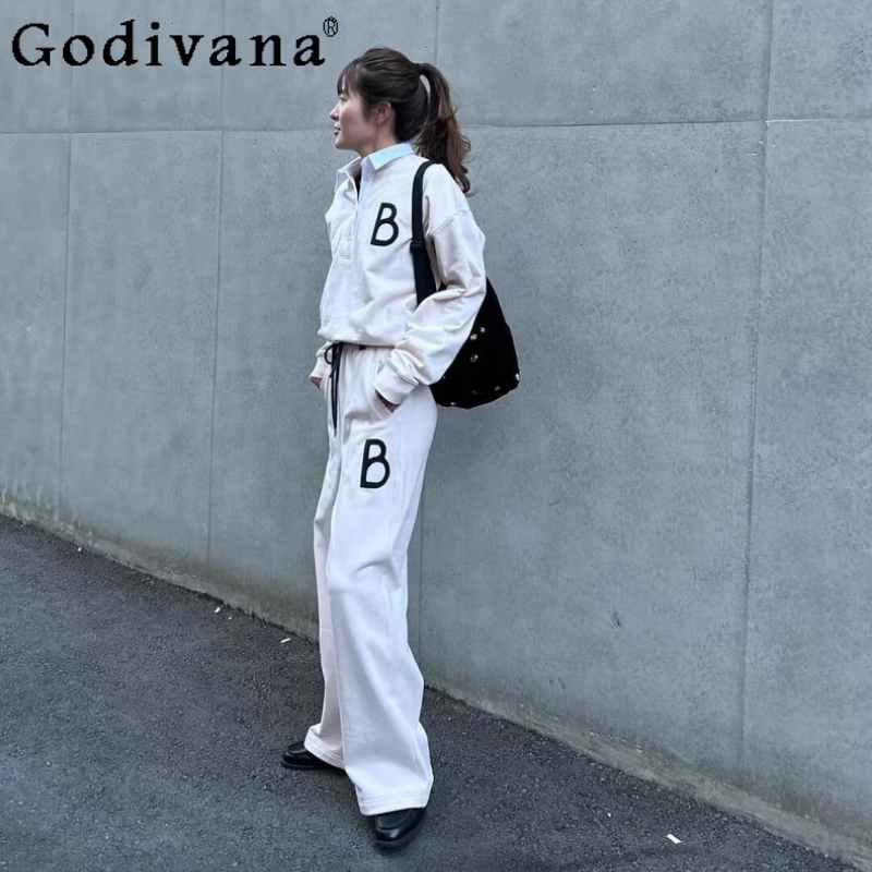 Ensemble assorti décontracté pour femme avec lettre B japonaise, vêtements de sport, collection Printemps 2026, sweat-shirt à col polo et pantalon, ensemble 2 pièces