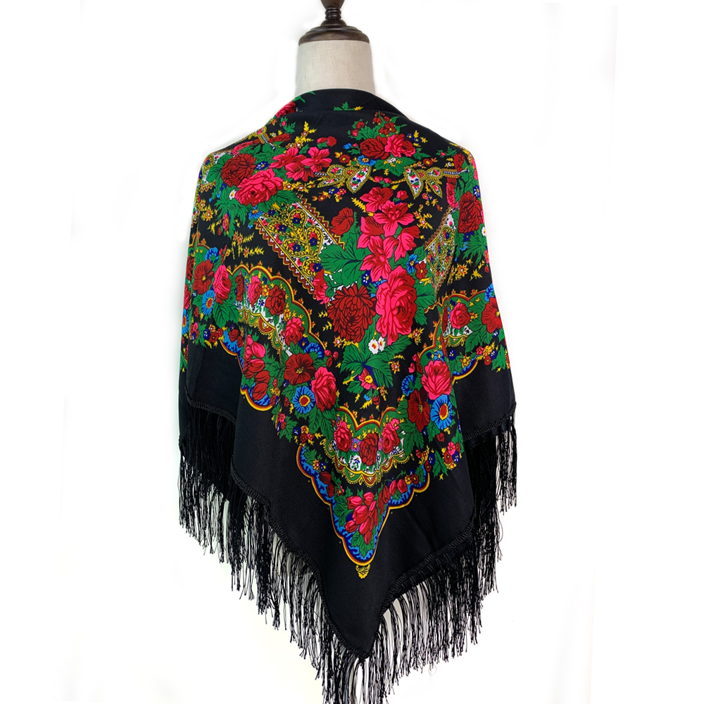 Écharpe carrée nationale russe pour femme, foulards ethniques College floraux rétro, châle bandeau, mouchoir en coton sergé, 120x120cm